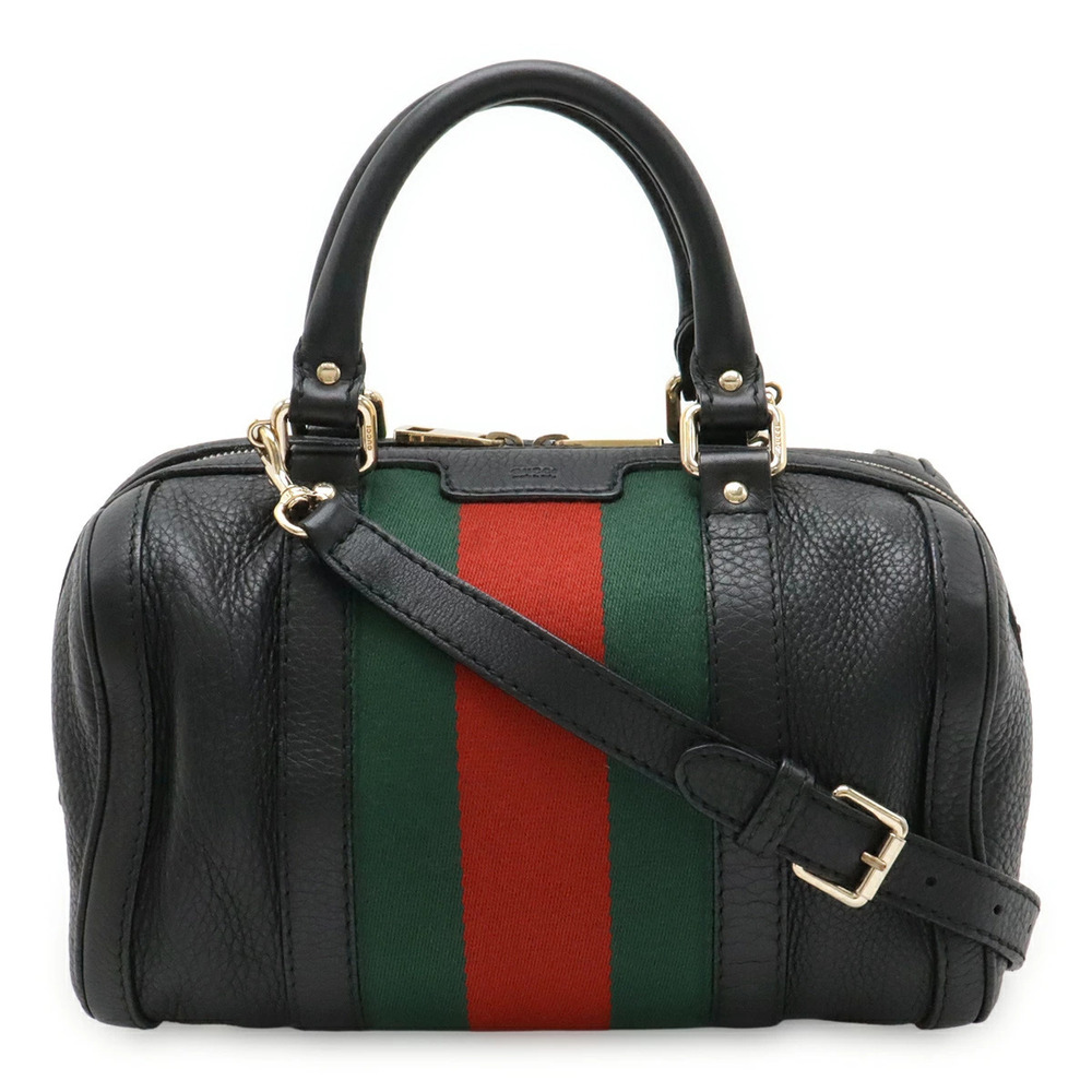 Gucci Sherry Handbag Boston Bag Shoulder Leather Black Green Red